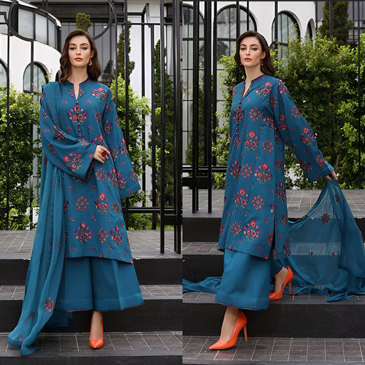 3PC EMBROIDERED DHANAK DRESS RO - 415