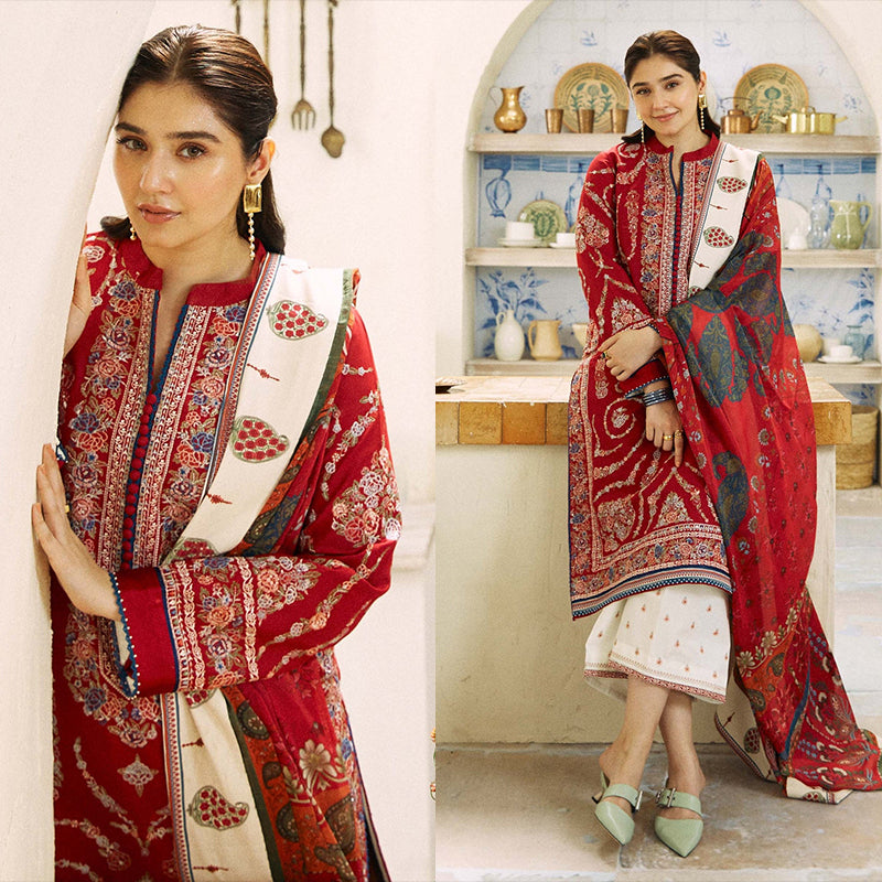 3PC EMBROIDERED DHANAK DRESS RO - 418