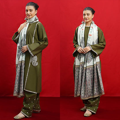 3PC EMBROIDERED DHANAK DRESS RO - 428