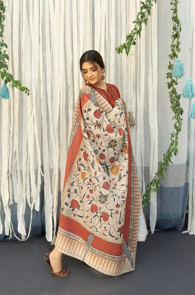 3PC EMBROIDERED DHANAK DRESS RO - 316