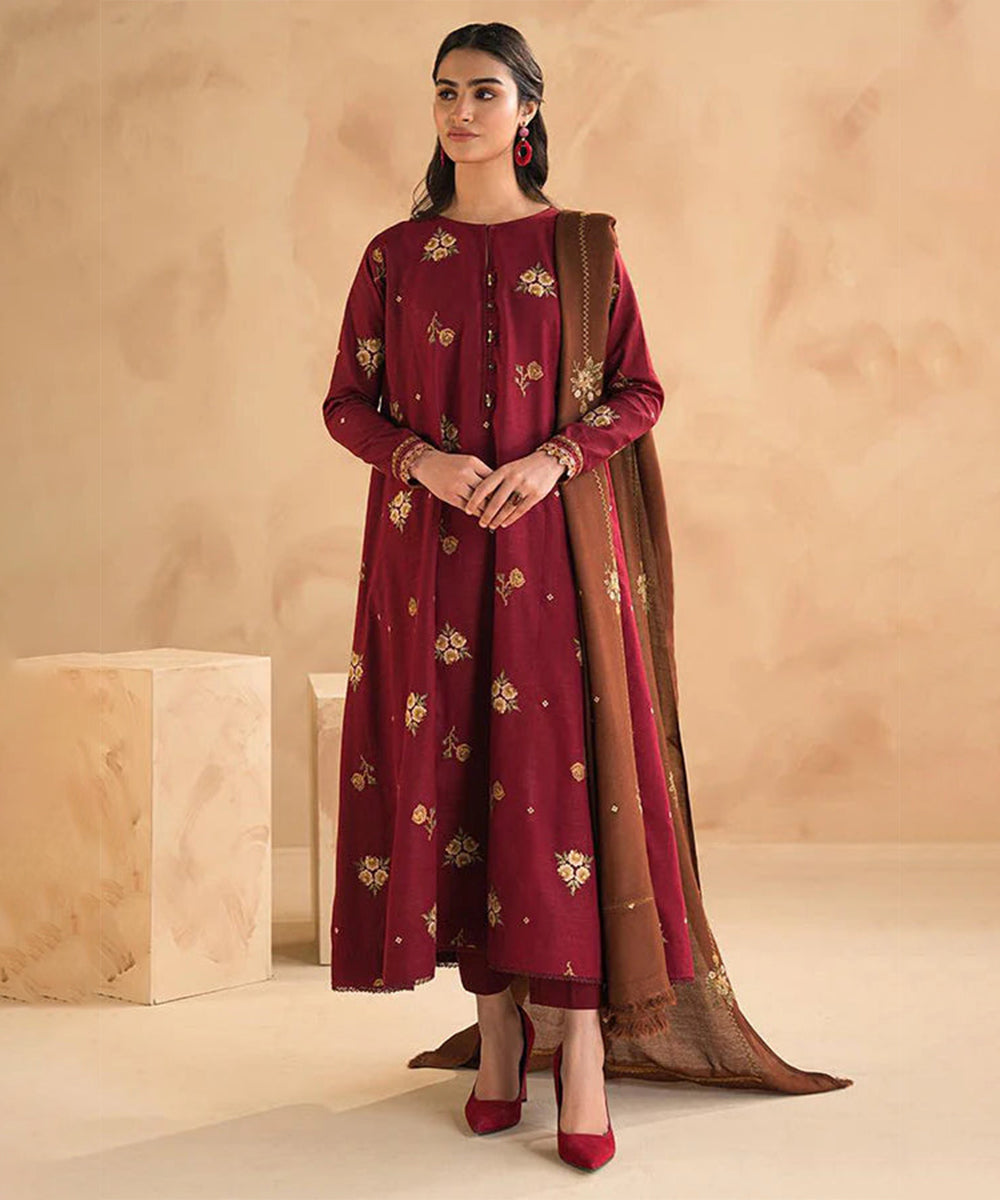 3PC EMBROIDERED DHANAK DRESS RO - 419