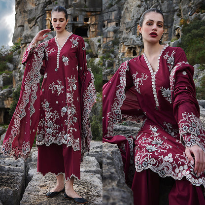 3PC EMBROIDERED DHANAK DRESS RO - 525