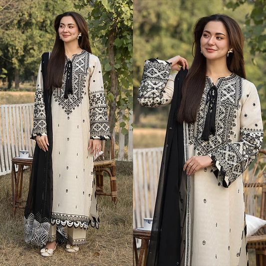 3PC EMBROIDERED DHANAK DRESS RO - 526