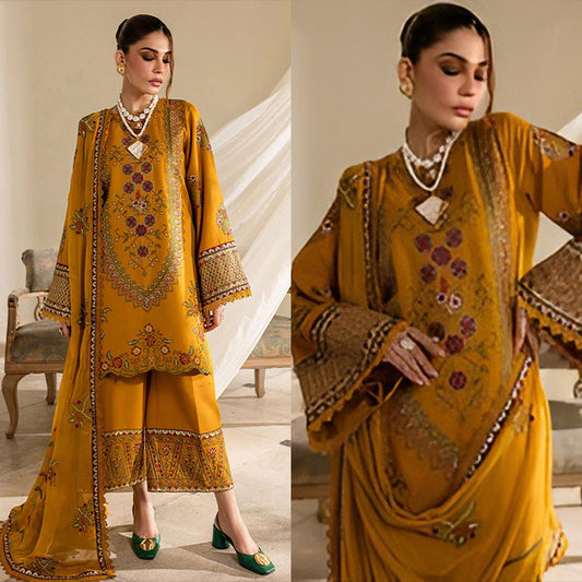 3PC EMBROIDERED DHANAK DRESS RO - 529