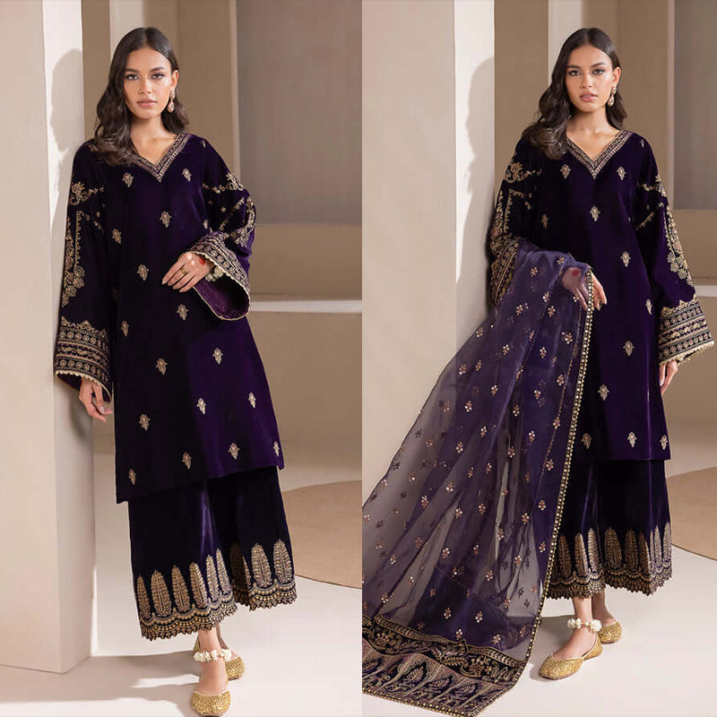 3PC EMBROIDERED MICRO 9000 VELVET DRESS - RO-532