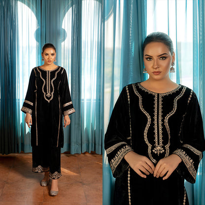 2PC EMBROIDERED MICRO 9000 VELVET DRESS - RO-536