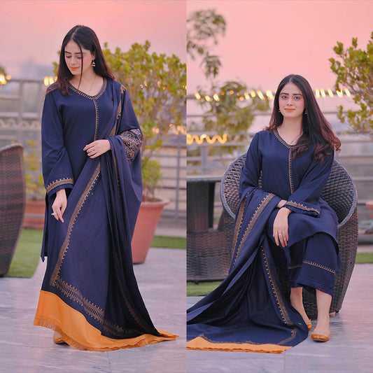 3PC EMBROIDERED DHANAK DRESS RO - 332