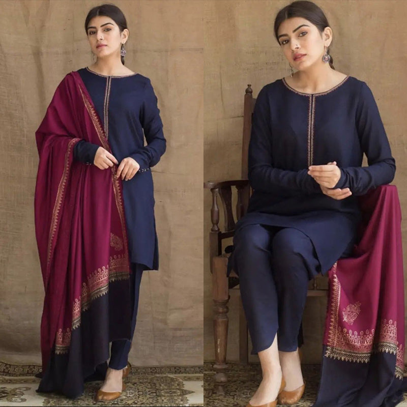 3PC EMBROIDERED DHANAK DRESS RO - 543