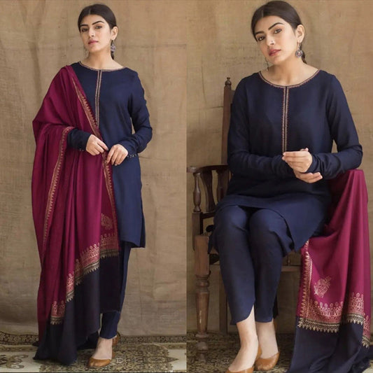 3PC EMBROIDERED DHANAK DRESS RO - 543