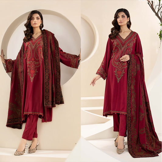 3PC EMBROIDERED DHANAK DRESS RO - 547