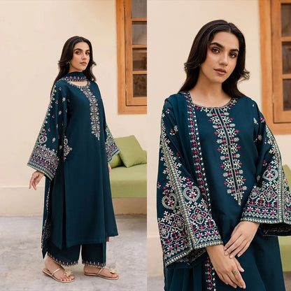3PC EMBROIDERED DHANAK DRESS RO - 550