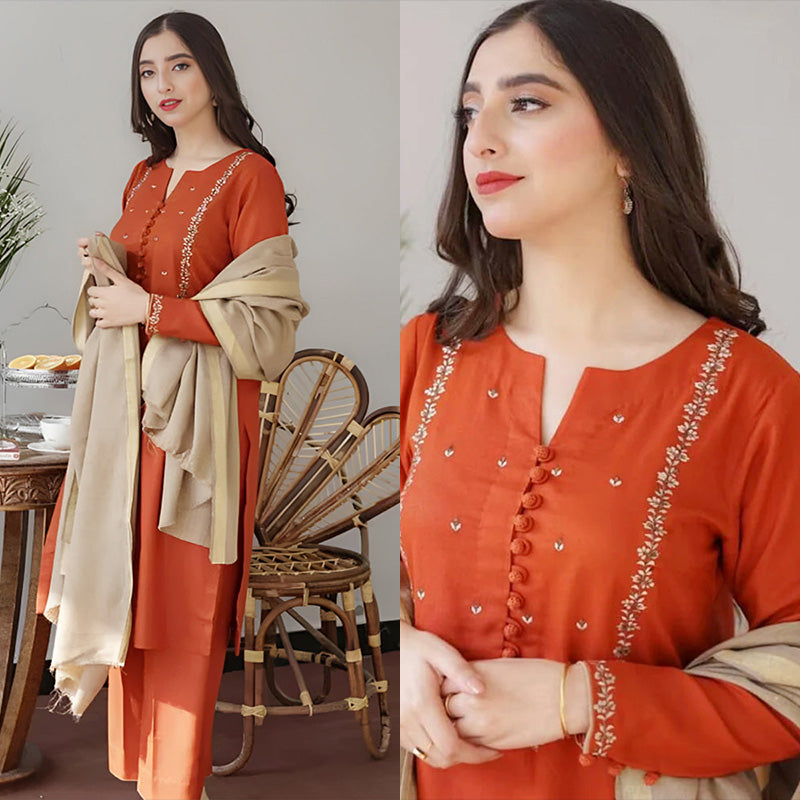 3PC EMBROIDERED DHANAK DRESS RO - 556