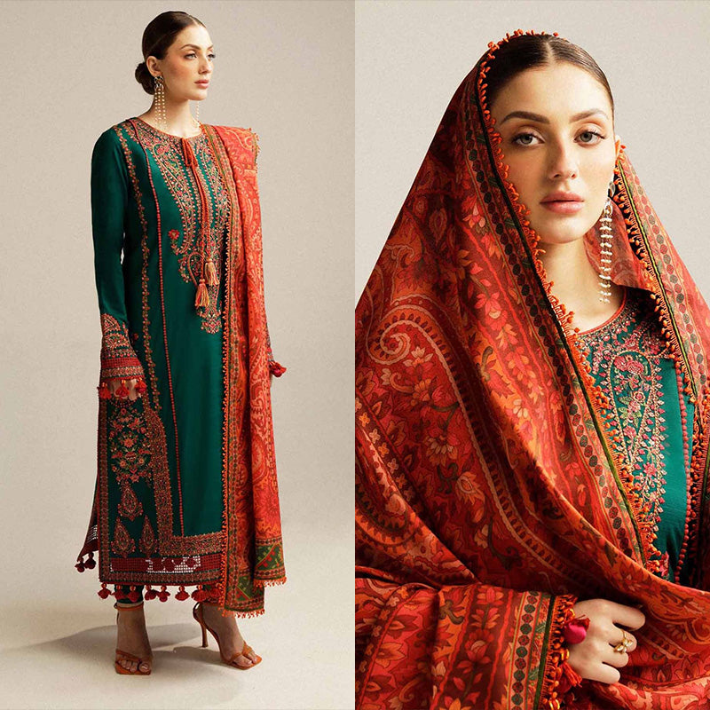 3PC EMBROIDERED DHANAK DRESS RO - 559