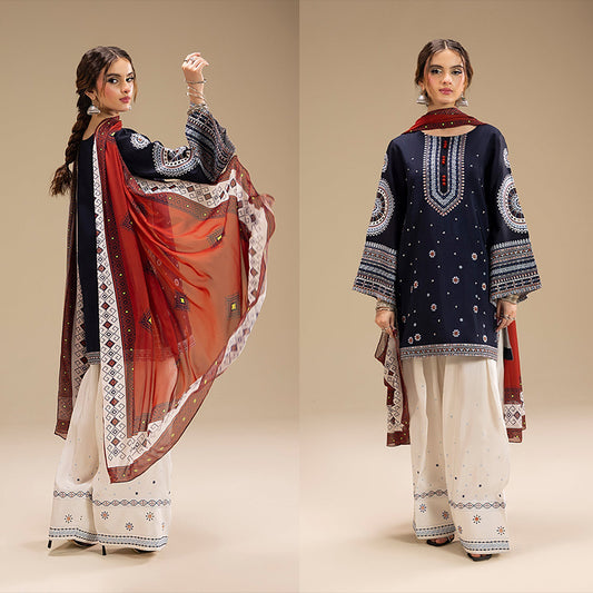 3PC EMBROIDERED DHANAK DRESS RO - 568