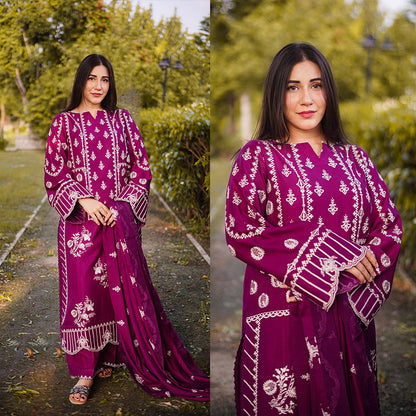 3PC EMBROIDERED DHANAK DRESS RO - 575