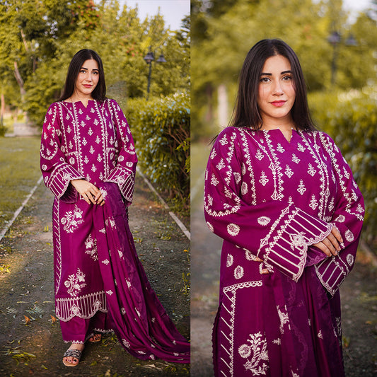 3PC EMBROIDERED DHANAK DRESS RO - 575