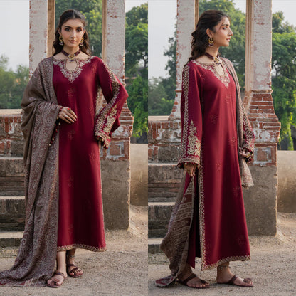3PC EMBROIDERED DHANAK SUIT RO - 581