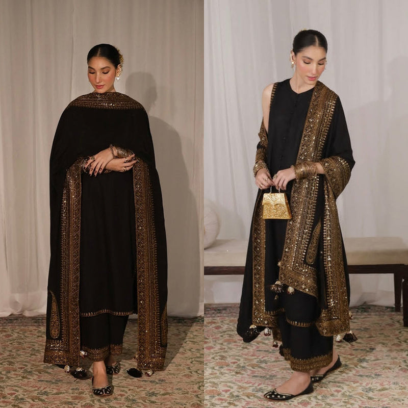 3PC EMBROIDERED DHANAK SUIT - RO-584