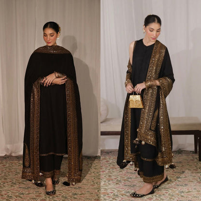 3PC EMBROIDERED DHANAK SUIT - RO-584