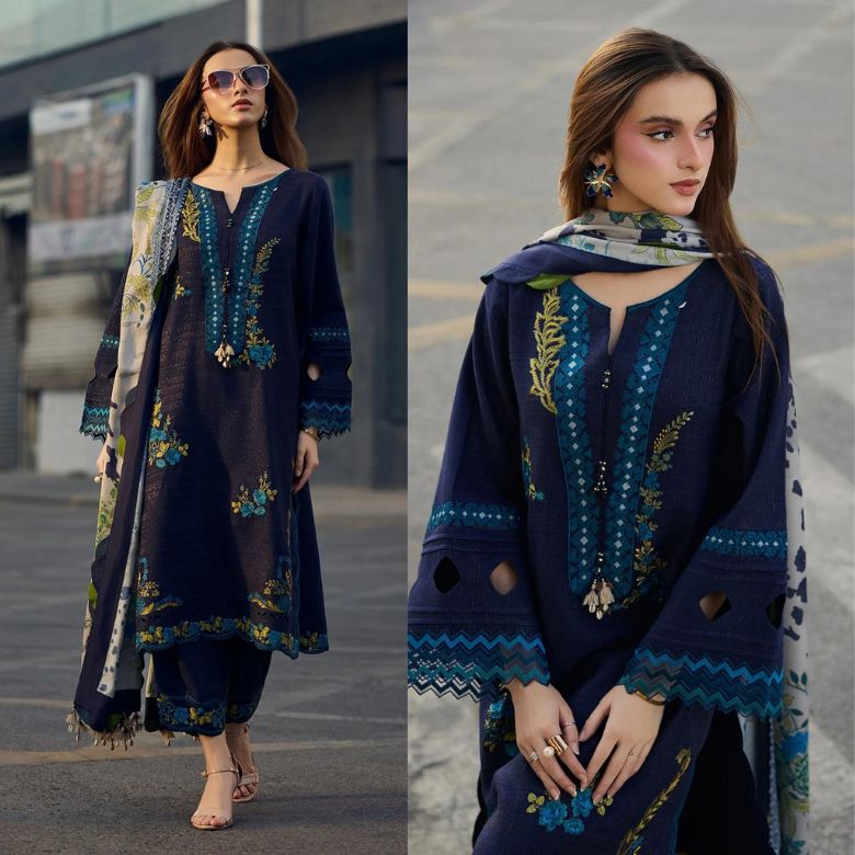 3PC EMBROIDERED DHANAK SUIT - RO-596