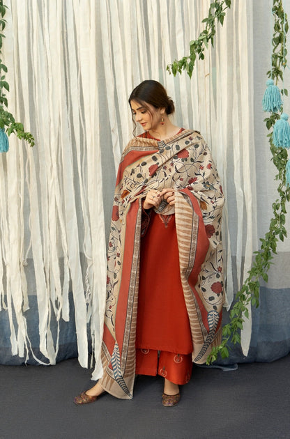 3PC EMBROIDERED DHANAK DRESS RO - 316