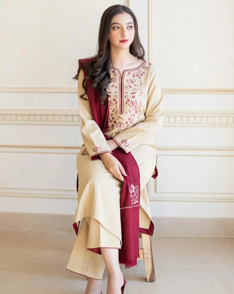 3PC EMBROIDERED DHANAK DRESS RO - 377