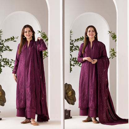 3PC EMBROIDERED DHANAK DRESS RO - 619