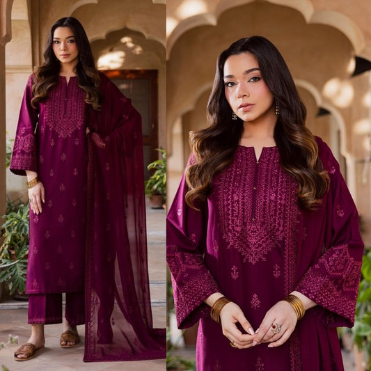 3PC EMBROIDERED LAWN SUIT - SR-758