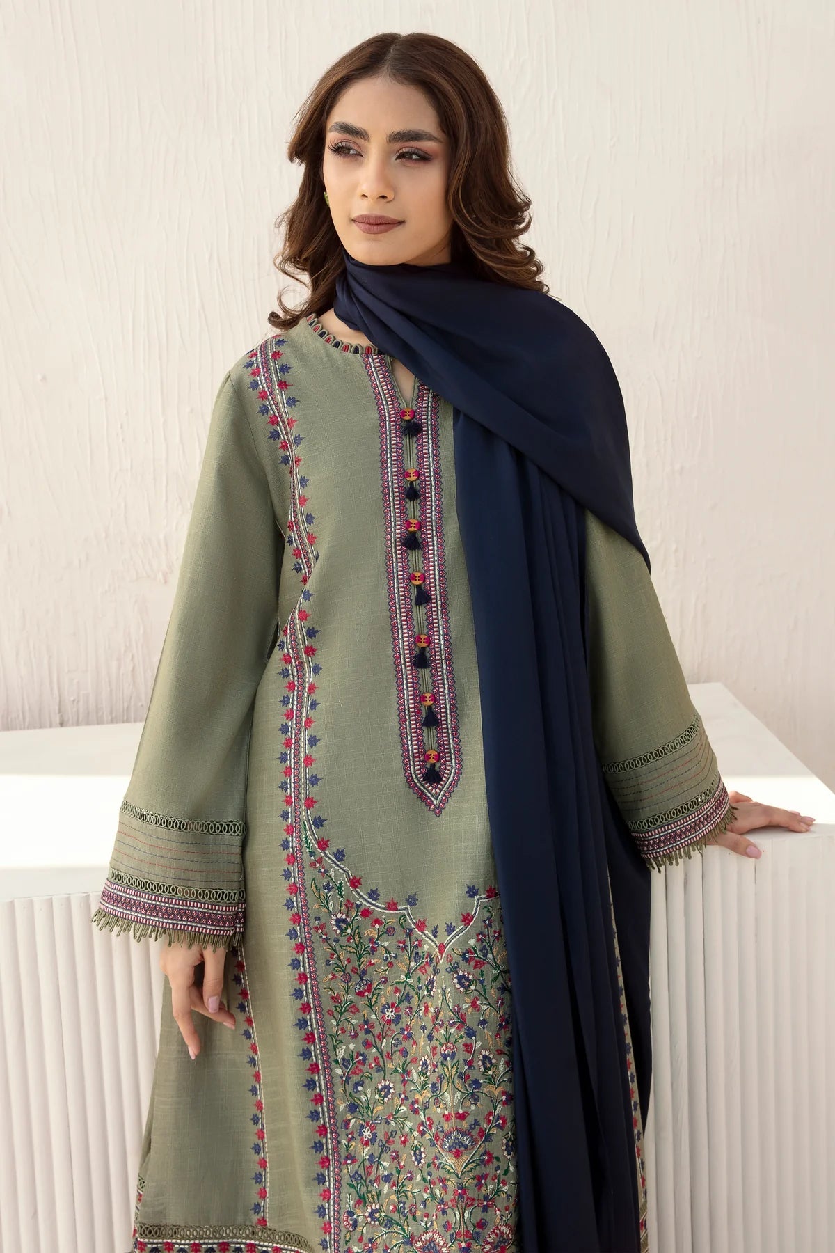 3PC EMBROIDERED DHANAK DRESS RO - 352