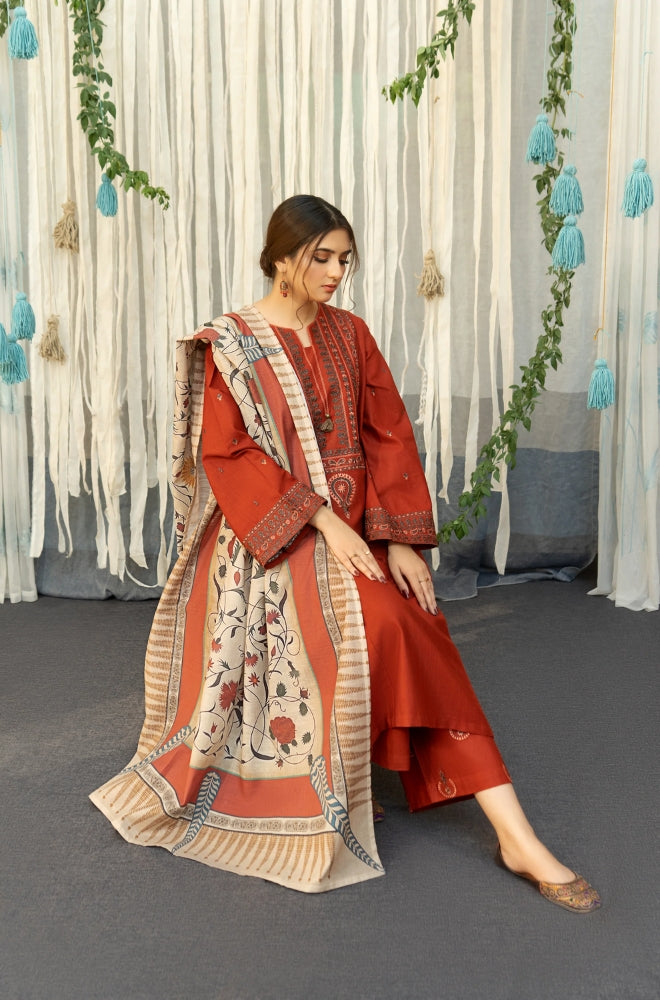 3PC EMBROIDERED DHANAK DRESS RO - 316
