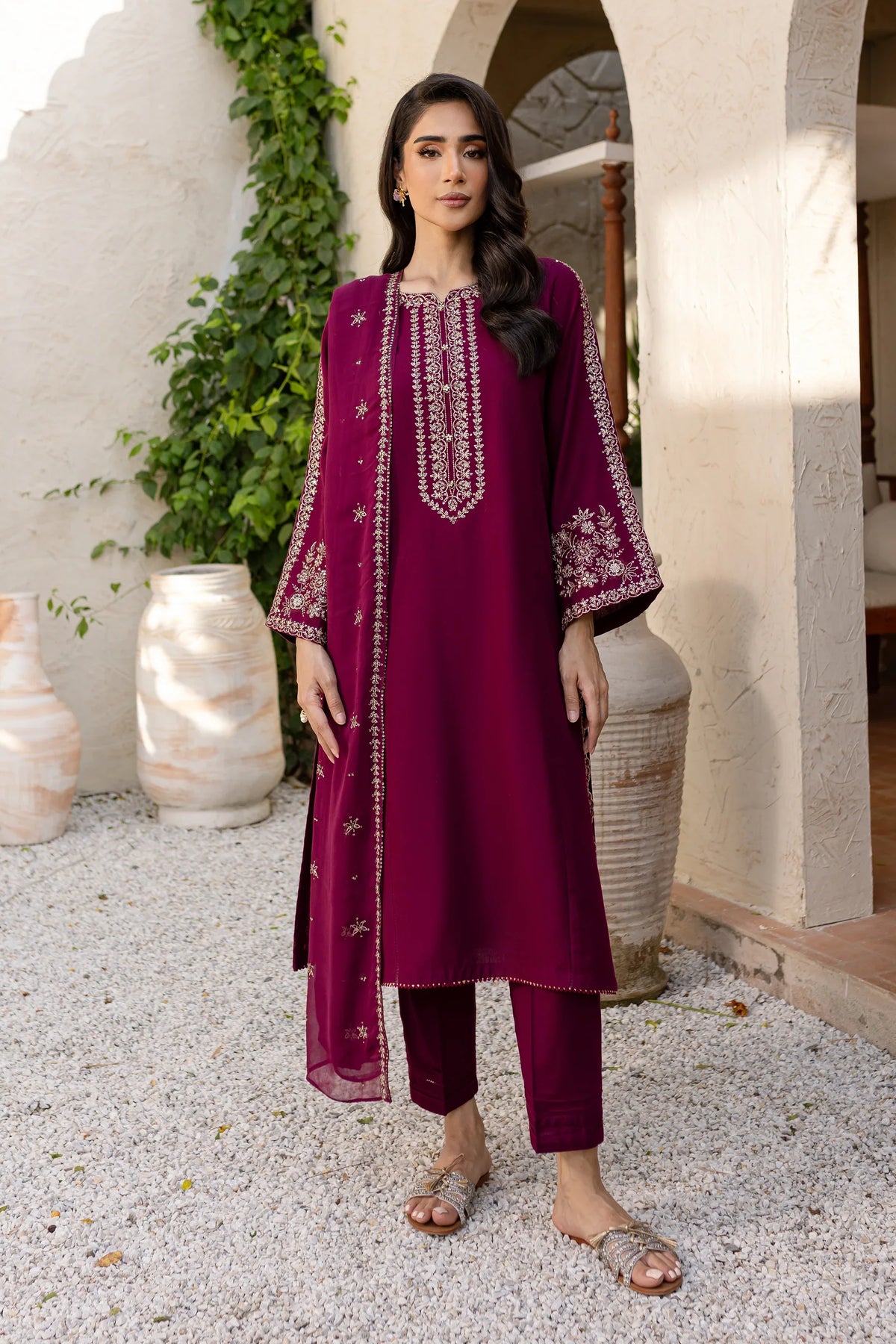 3PC EMBROIDERED DHANAK SUIT - RO-783