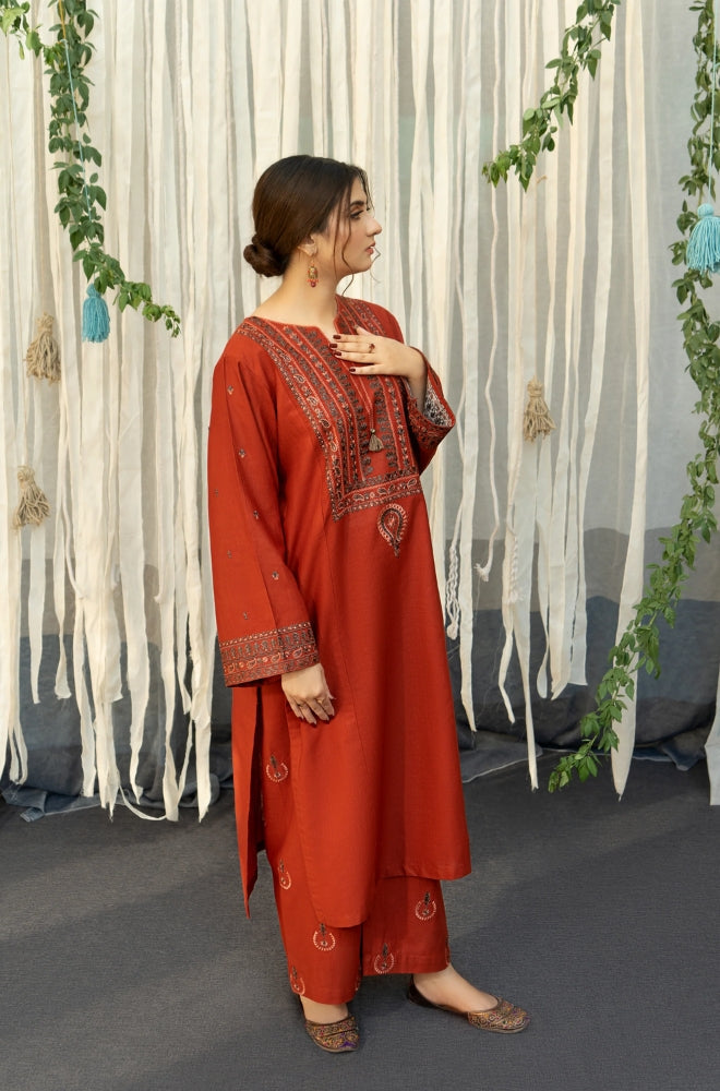 3PC EMBROIDERED DHANAK DRESS RO - 316
