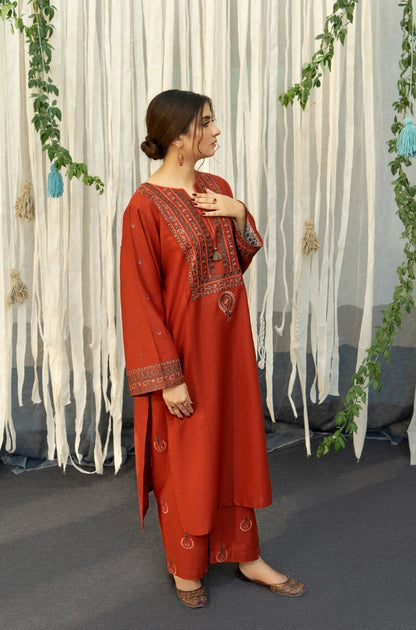 3PC EMBROIDERED DHANAK DRESS RO - 316