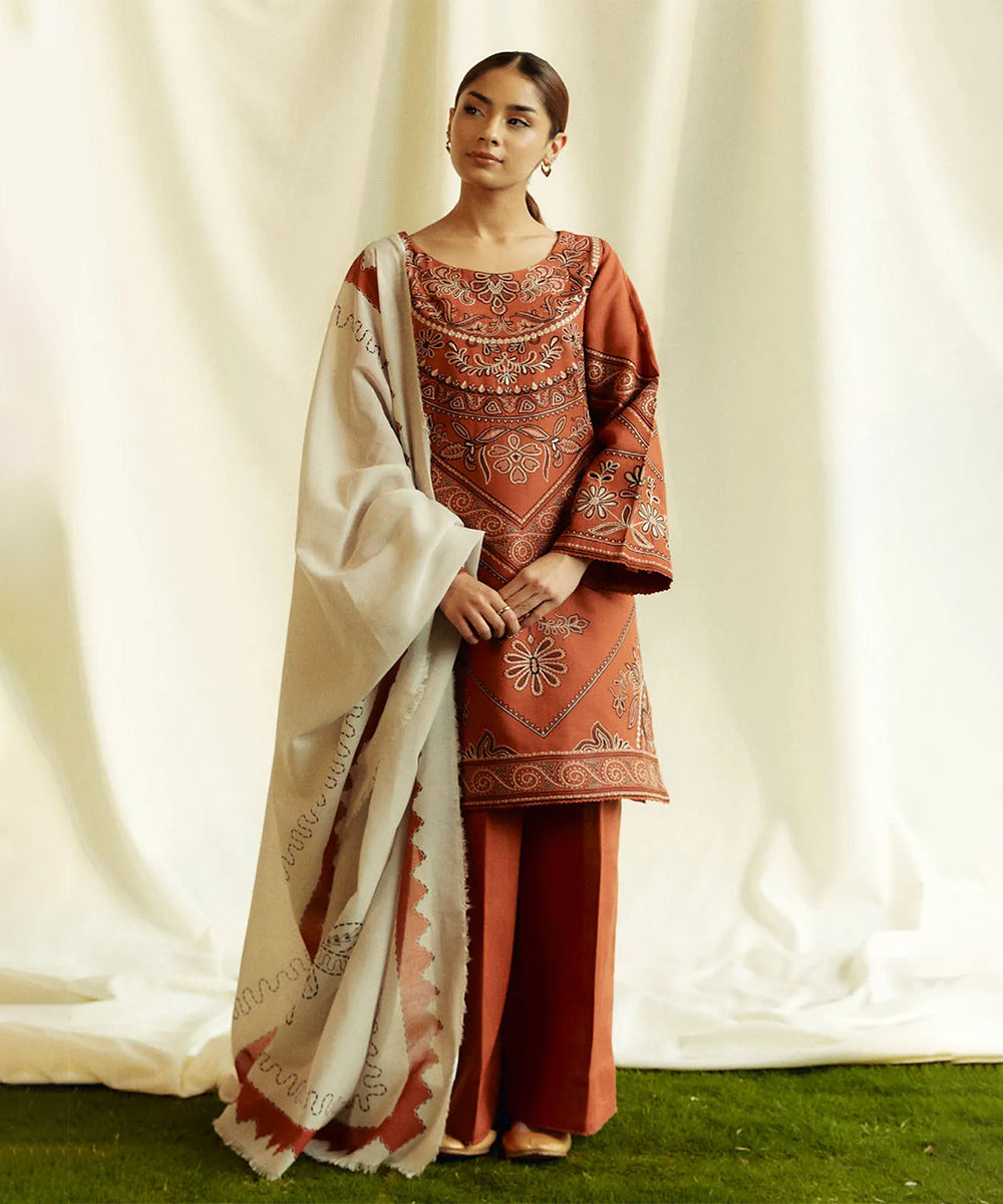 3PC EMBROIDERED DHANAK DRESS RO - 421