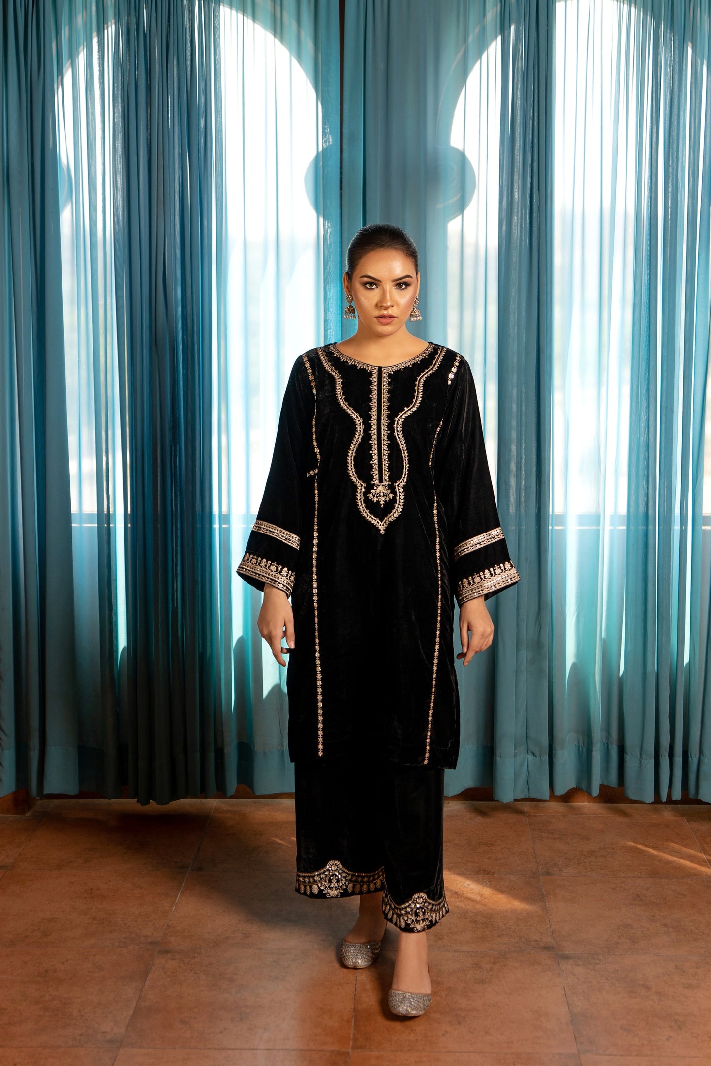 2PC EMBROIDERED MICRO 9000 VELVET DRESS - RO-536