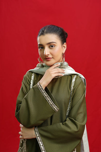 3PC EMBROIDERED DHANAK DRESS RO - 428