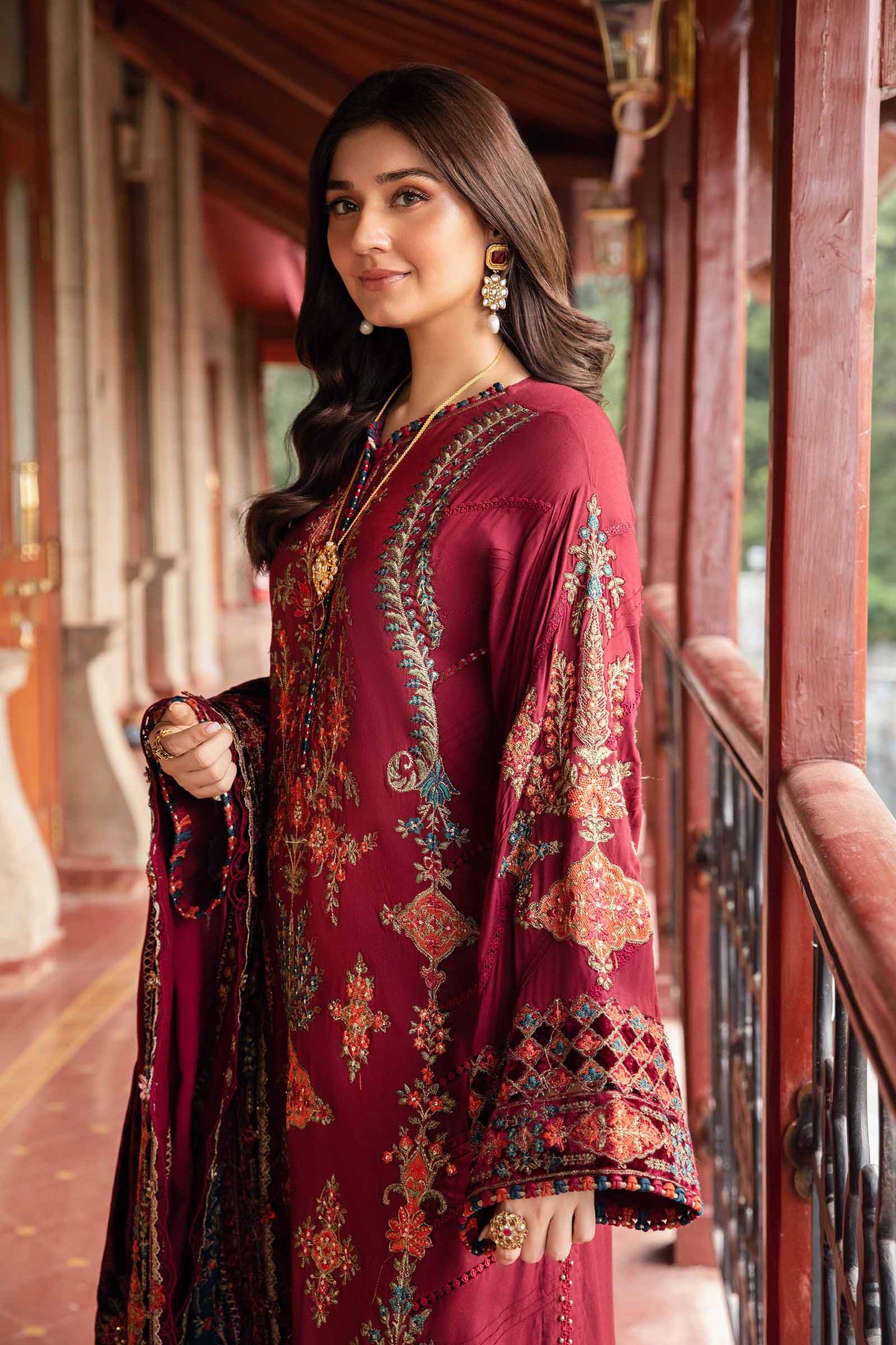 3PC EMBROIDERED DHANAK DRESS RO - 548