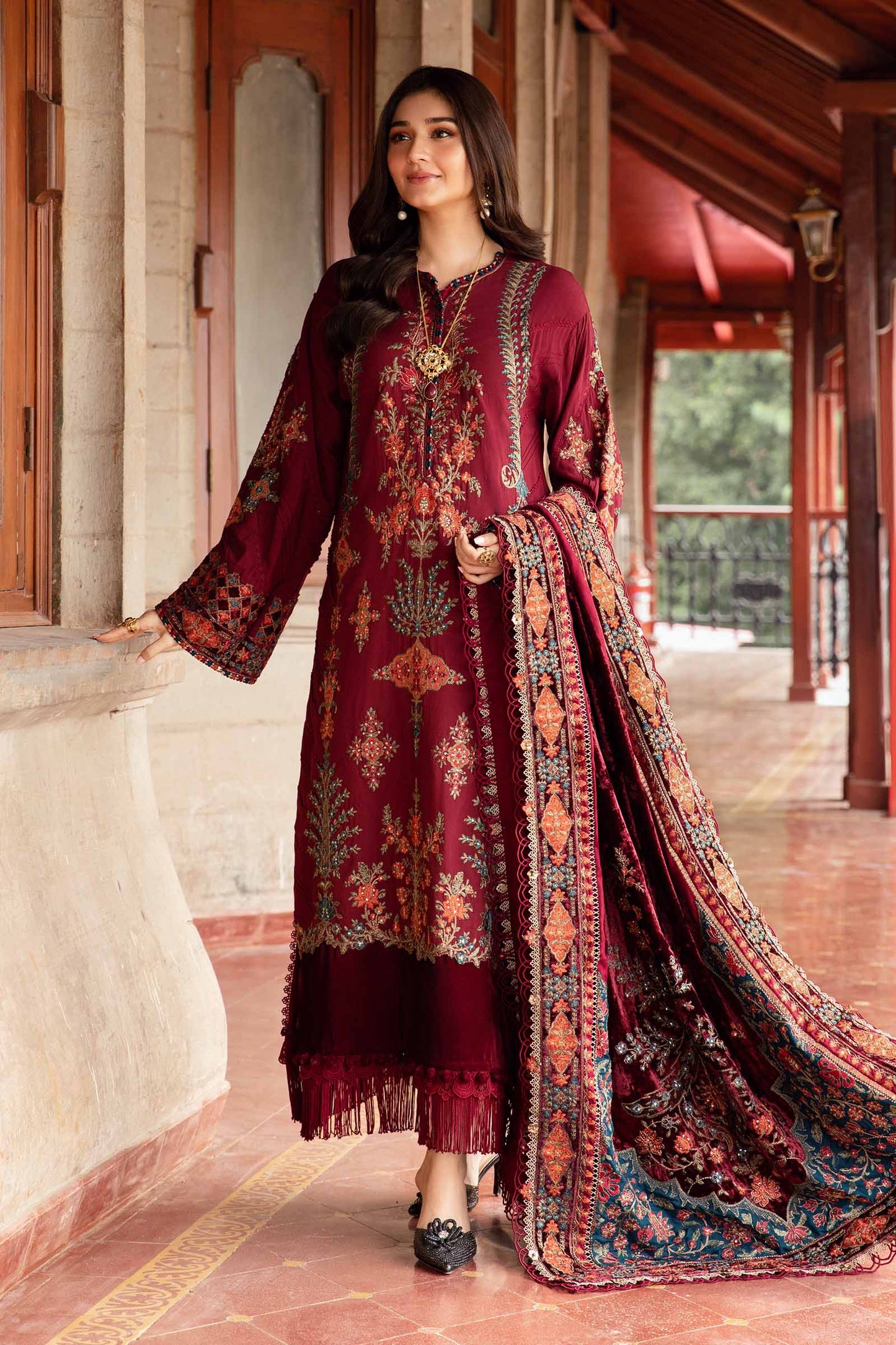 3PC EMBROIDERED DHANAK DRESS RO - 548