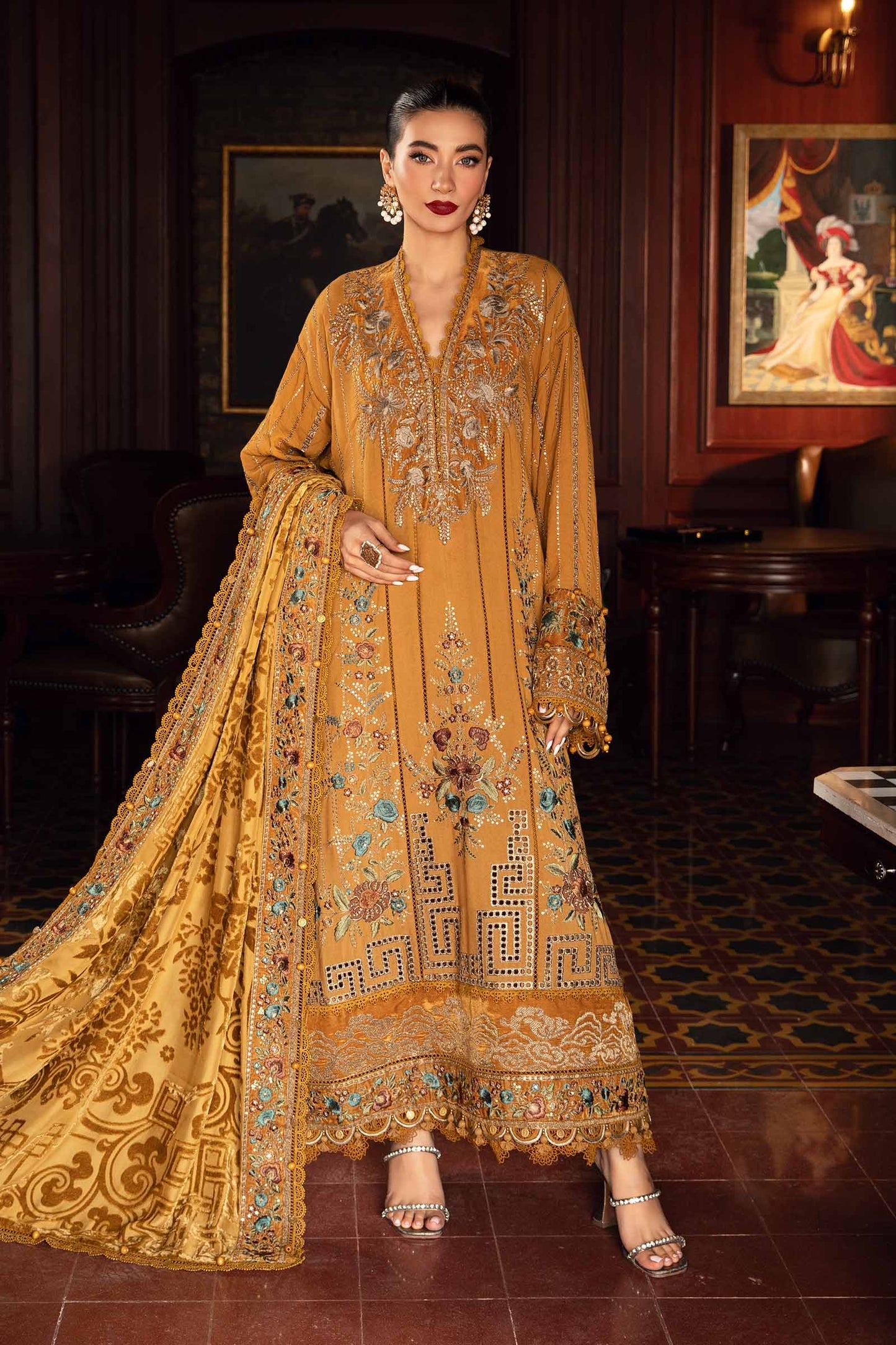 3PC EMBROIDERED DHANAK DRESS RO - 549