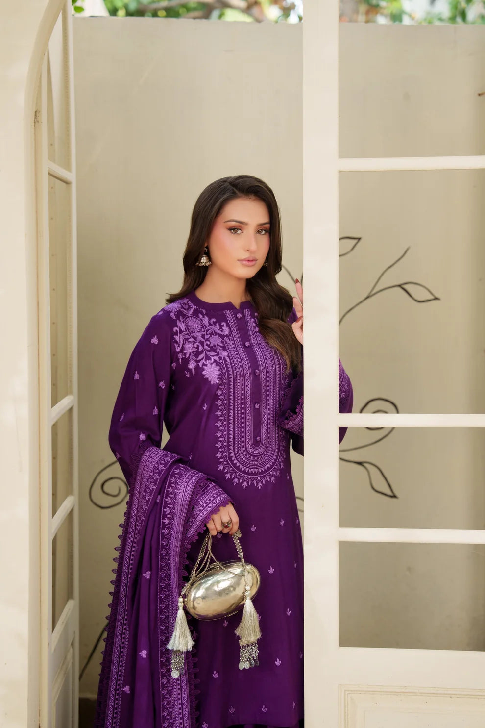 3PC EMBROIDERED DHANAK DRESS RO - 808