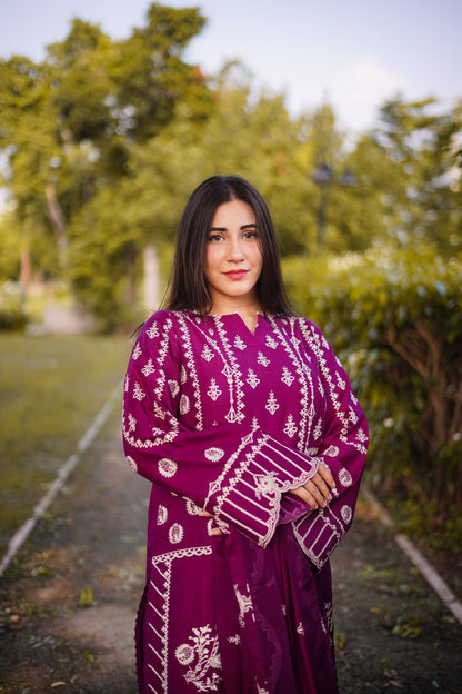 3PC EMBROIDERED DHANAK DRESS RO - 575