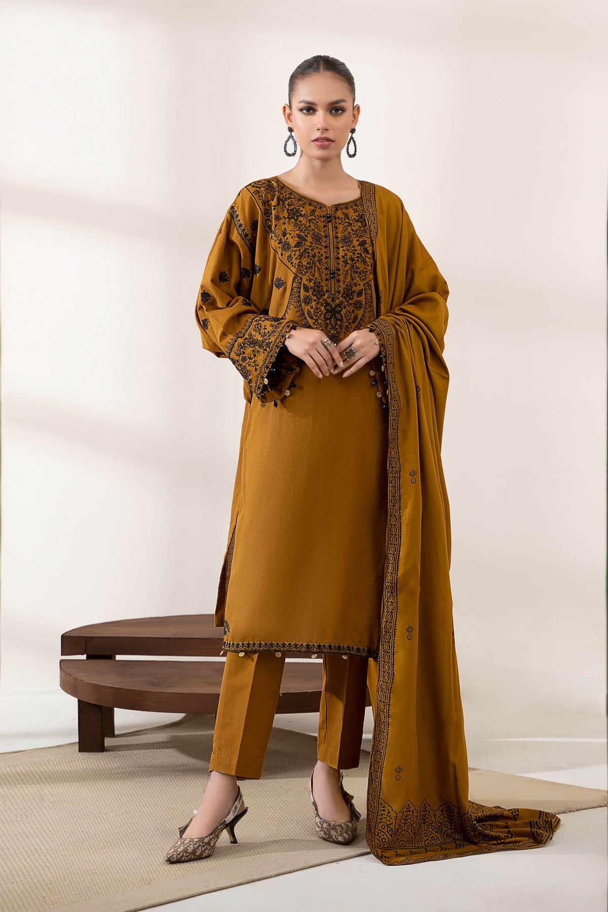 3PC EMBROIDERED DHANAK DRESS RO - 396