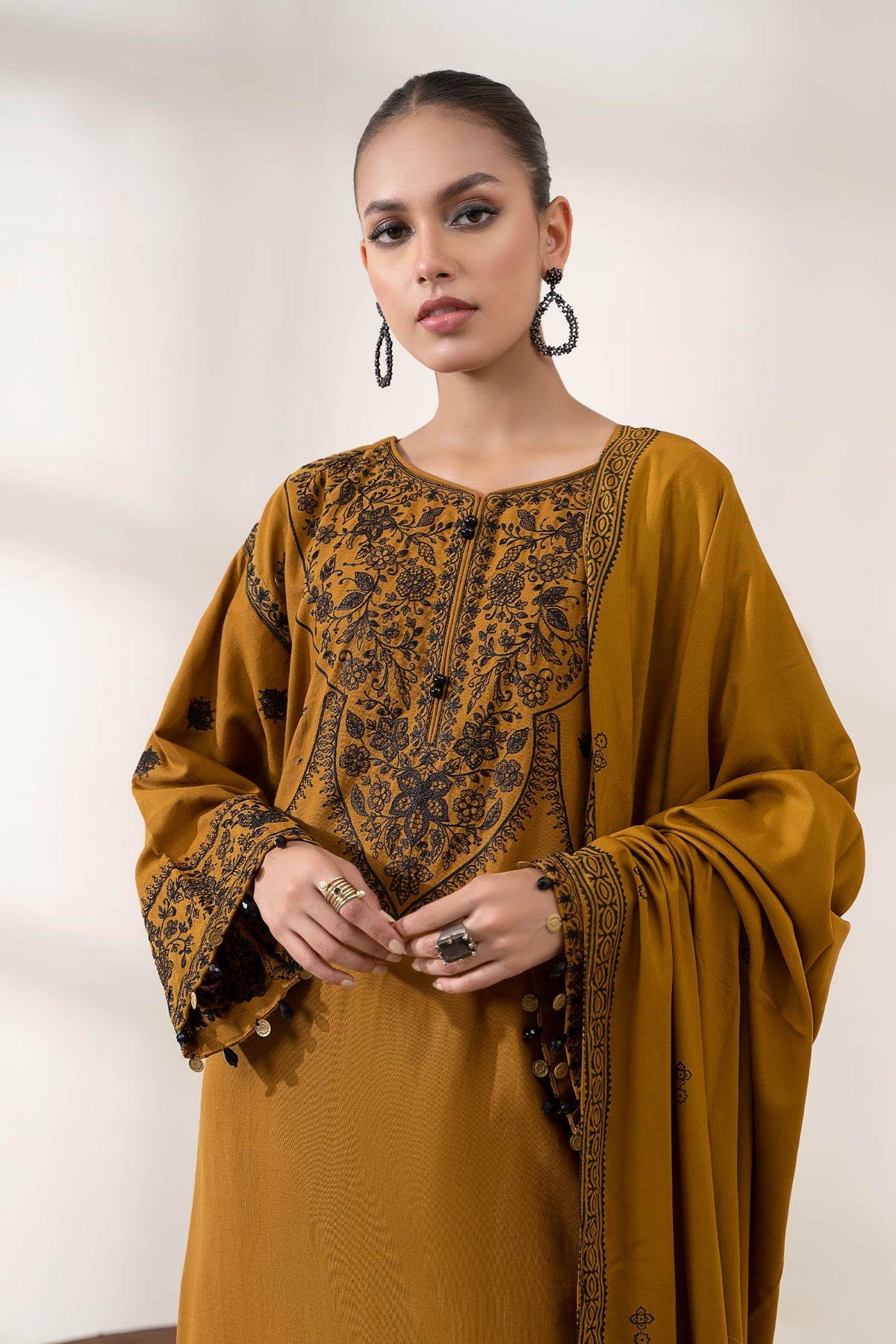 3PC EMBROIDERED DHANAK DRESS RO - 396