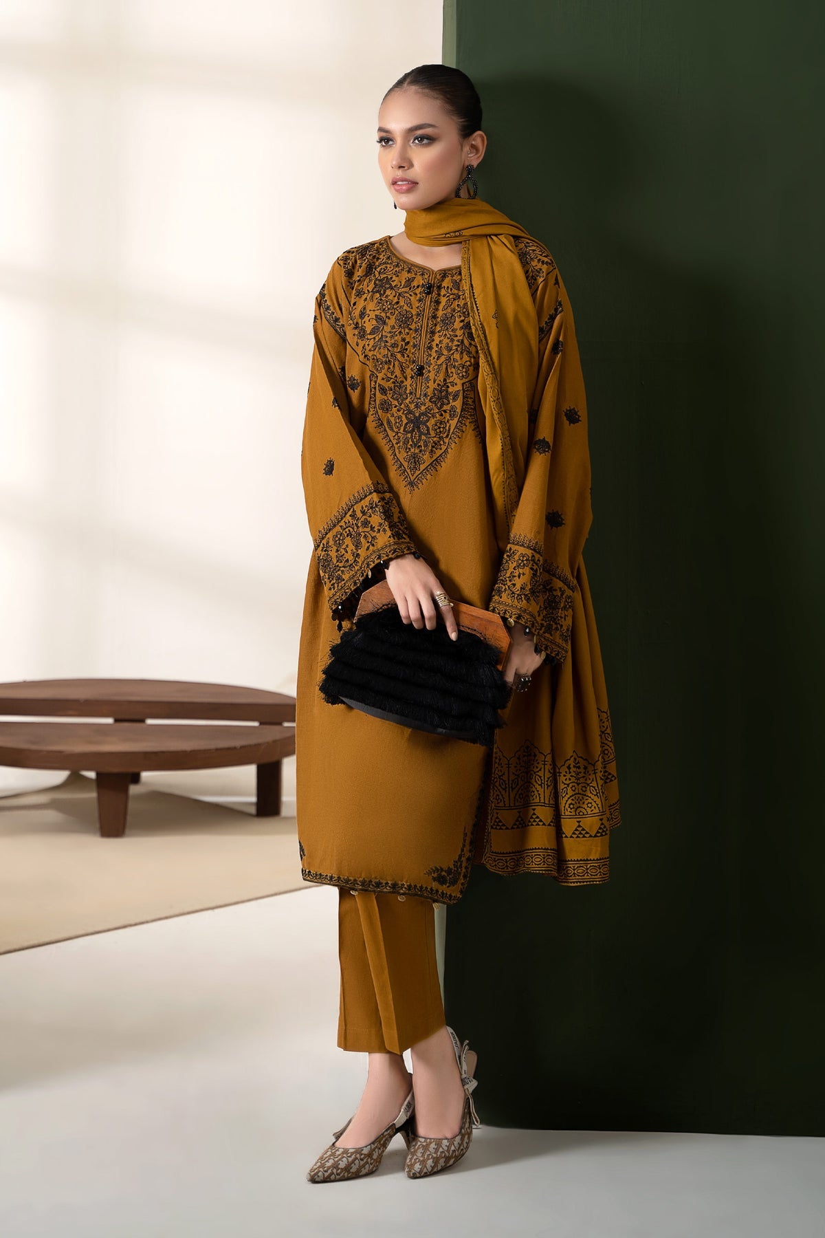 3PC EMBROIDERED DHANAK DRESS RO - 396