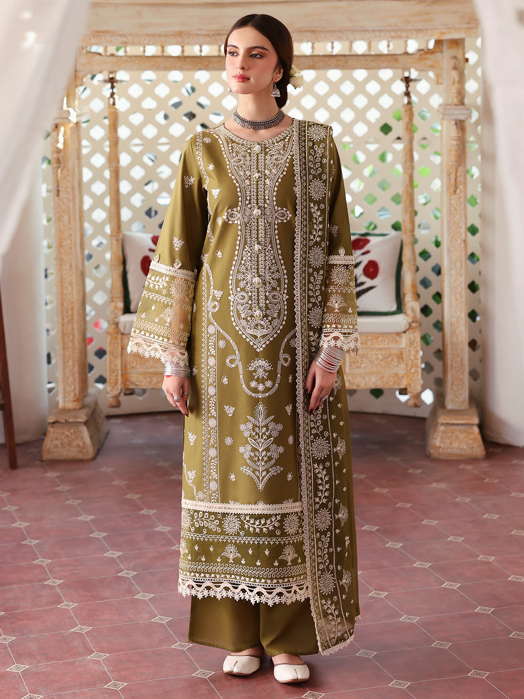 3PC EMBROIDERED DHANAK DRESS RO - 528