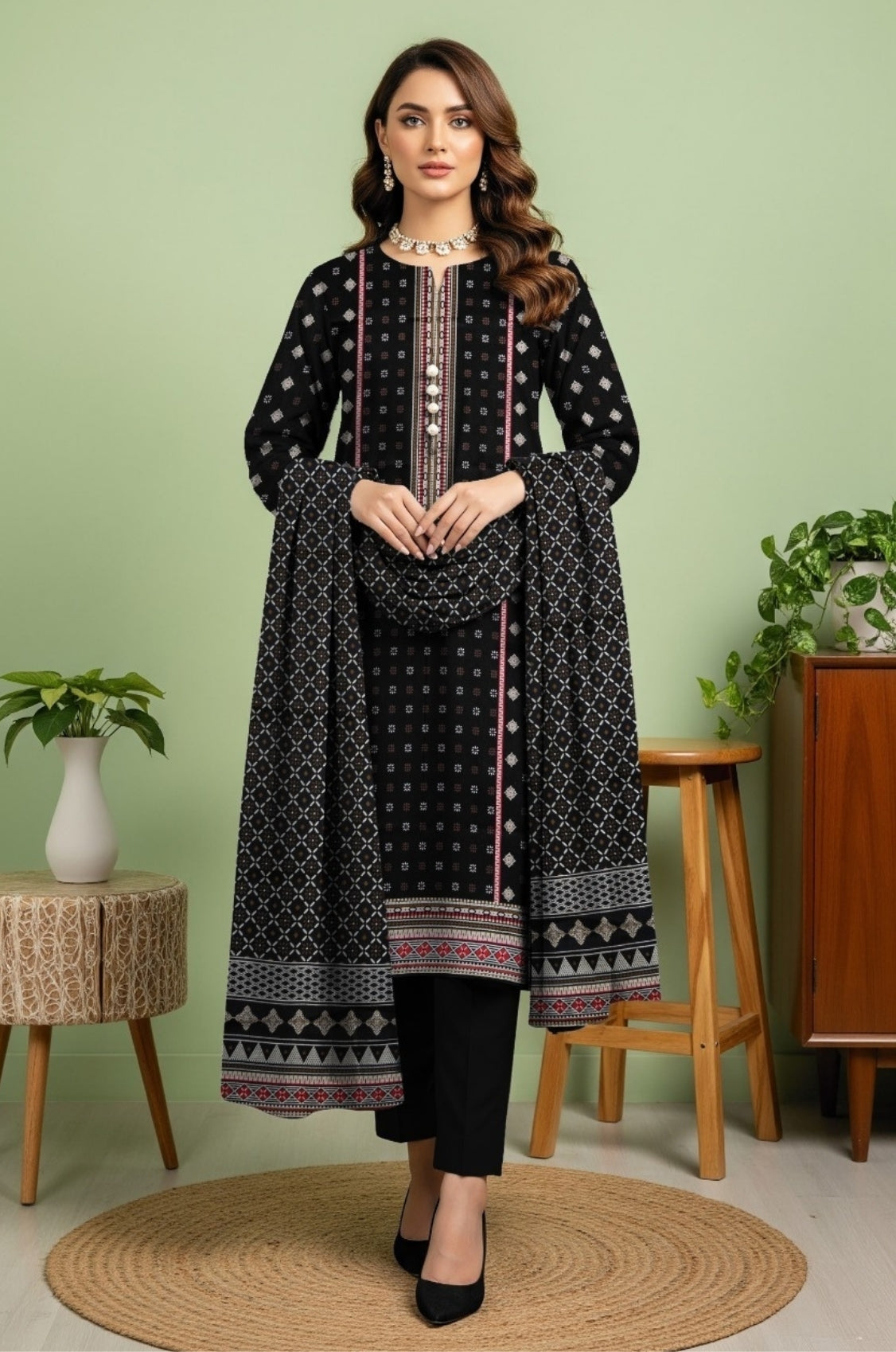 3PC PRINTED LAWN SUIT SR-105