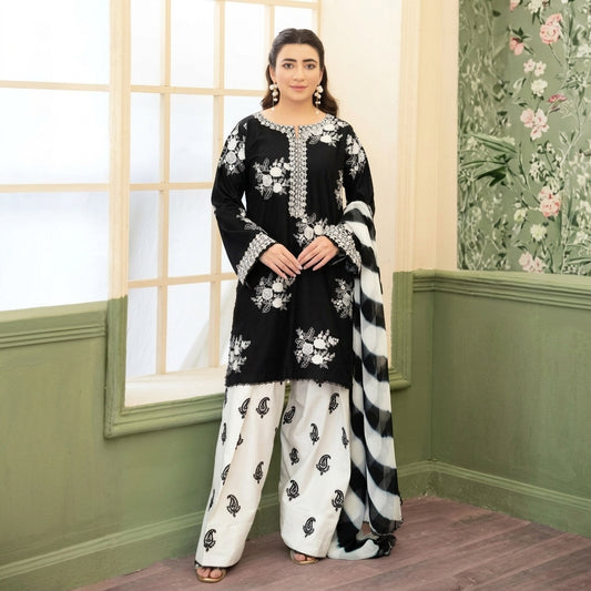 3PC EMBROIDERED DHANAK SUIT - RO-777