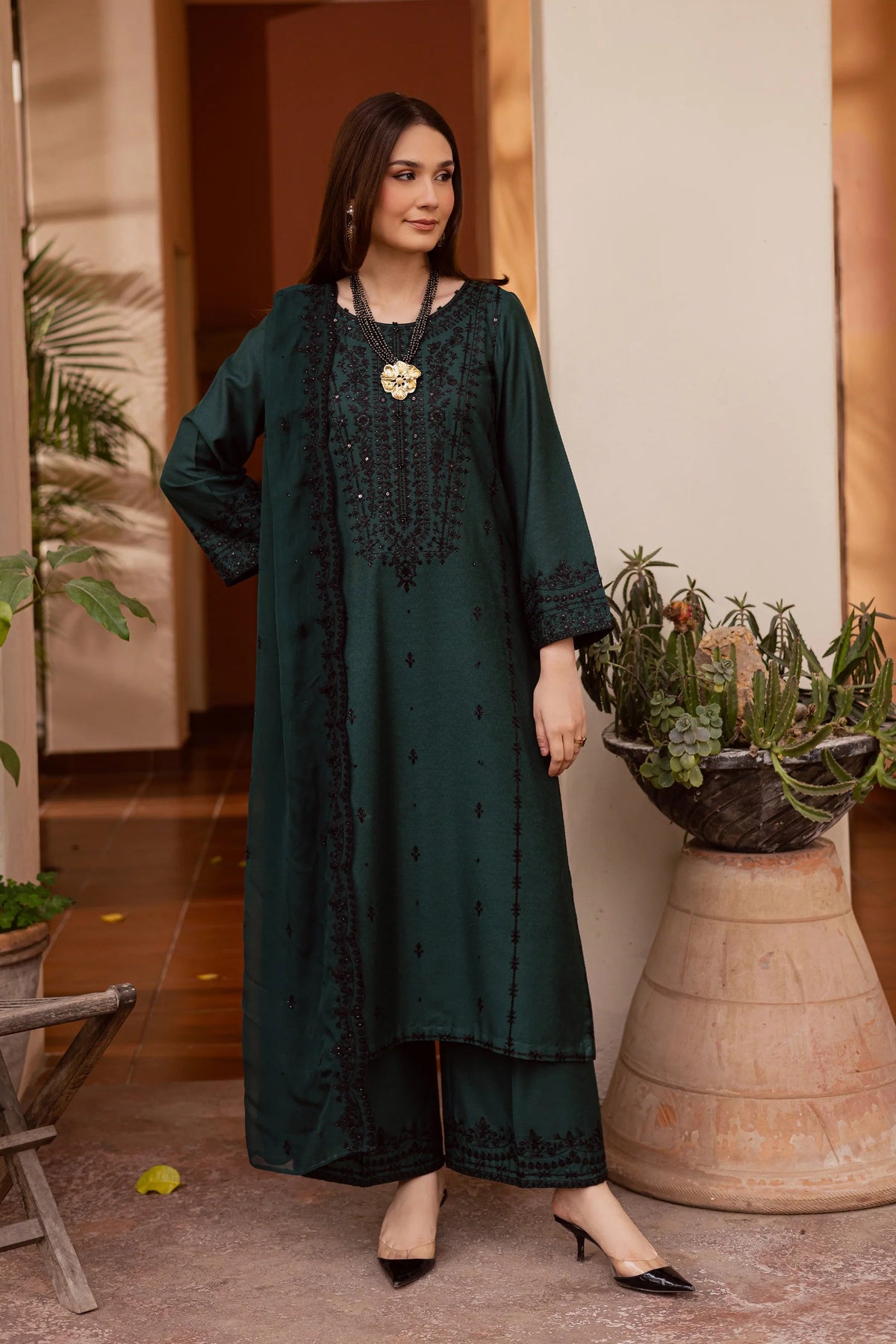 3PC EMBROIDERED DHANAK DRESS BT-3085