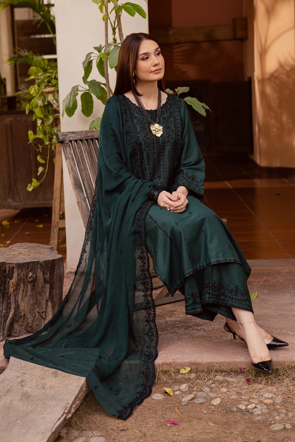 3PC EMBROIDERED DHANAK DRESS BT-3085