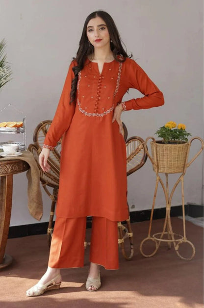 3PC EMBROIDERED DHANAK DRESS RO - 556